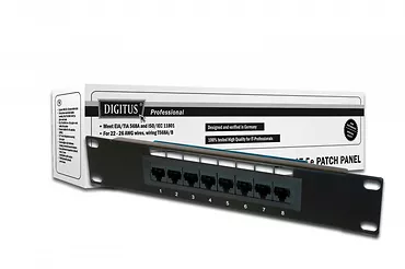 Patch panel  10'' UTP, 8 portowy RJ-45 kat. 5e 1U, LSA (kompletny)