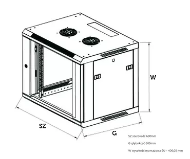 Holdit Szafka wisząca rack 9U 600x450 szara szklane drzwi