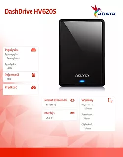 Adata Dysk DashDrive HV620S 2TB 2.5 USB3.0 Slim Czarny