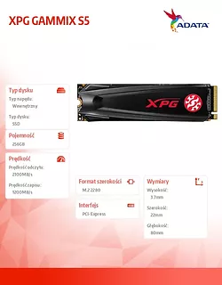 Adata Dysk SSD XPG GAMMIX S5 256GB PCIe 3x4 2.1/1.2 GB/s M2