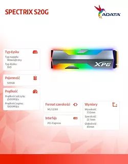 Adata Dysk SSD XPG SPECTRIX S20G 500GB PCIe Gen3x4 M.2