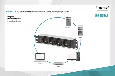 Digitus Listwa zasilająca do szaf 10" RACK 4xSchuko, 2m 1xUnischuko, 16A, aluminiowa