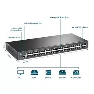 TP-LINK Przełącznik zarządzalny L2+ JetStream, 48 portów gigabitowych, 4 sloty SFP+ 10GE SG3452X