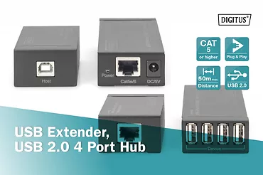 Przedłużacz/Extender HUB 4 porty USB 2.0 po skrętce kat. 5e/7, do 50m