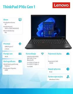 Mobilna stacja robocza ThinkPad P16s G1 21CK0031PB W11Pro 6850U/16GB/512GB/AMD Radeon/16.0 WUXGA/Black/3YRS Premier Support + CO2 Offset