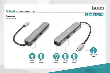 Stacja dokująca USB-C, 5 portów 4K 30Hz HDMI 3x USB3.0 RJ45 srebrna