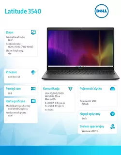 Notebook Latitude 3540 Win11Pro i3-1315U/8GB/256GB SSD/15.6 FHD/Integrated/FgrPr/FHD/IR Cam/Mic/WLAN + BT/Backlit Kb/3 Cell/ 3Y ProSupport