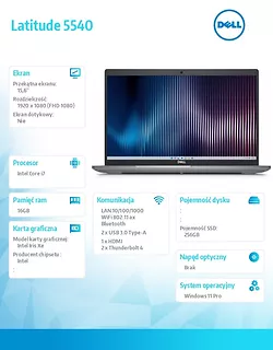 Notebook Latitude 5540 Win11Pro i7-1365U/16GB/256GB SSD/15.6 FHD/Integrated/FgrPr & SmtCd/FHD/IR Cam/Mic/WLAN + BT/Backlit Kb/3 Cell/3Y ProSupport