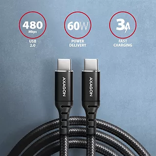 AXAGON BUCM-CM15AB Kabel USB-C - USB-C 2.0, 1.5m, PD 60W, 3A, ALU, oplot Czarny