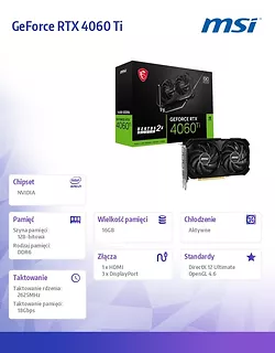 MSI Karta graficzna GeForce RTX 4060 Ti Ventus 2X OC 16GB GDDR6 128b czarna