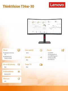 Lenovo Monitor 34 cale ThinkVision T34w-30 WLED LCD 63D4GAT1EU