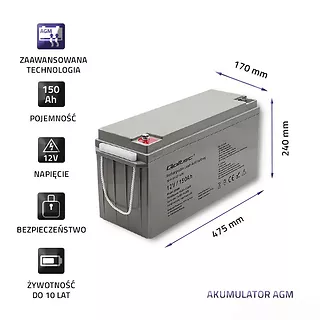 Qoltec Akumulator AGM | 12V | 150Ah | max. 2250A