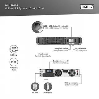 Digitus Zasilacz awaryjny UPS Online Rack 19"/Tower, 10kVA/10kW, 2U, bez baterii (moduł baterii DN-170108)