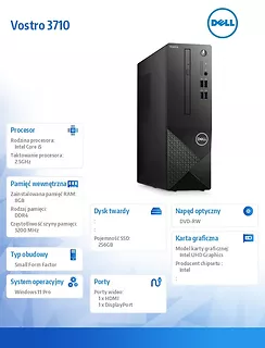 Dell Komputer Vostro 3710 SFF Win11Pro i5-12400/8GB/256GB SSD/Intel UHD 730/DVD RW/Kb/Mouse/3YPS