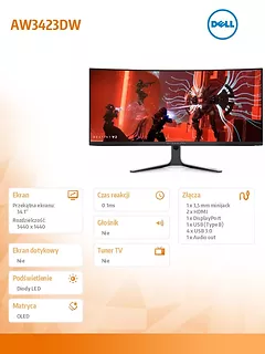 Dell Monitor Alienware AW3423DW 34.1 cali Curved NVIDIA G-Sync Ultimate 175Hz OLED QHD (3440x1440) /21:9/DP/2xHDMI/5xUSB 3.2/3Y AES&PPE