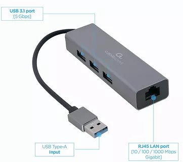 Gembird Adapter USB-AM to LAN GbE Hub 3xUSB 3.0