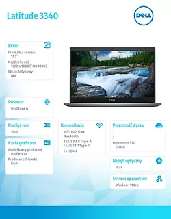 Dell Notebook Latitude 3340 Win11Pro i5-1345U/16GB/256GB SSD/13.3 FHD/Intel Iris Xe/FgrPr/FHD Cam/Mic/WLAN + BT/Backlit Kb/3 Cell/3YPS