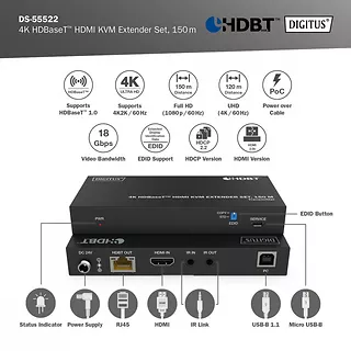 Digitus Przedłużacz/Extender HDMI 4K 60Hz 150m po skrętce Cat.6A/7/8 HDBaseT HDCP2.2 IR EDID PoC, zestaw