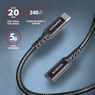 AXAGON BUCM32-CF05AB Kabel przedłużacz Gen2 USB-C - USB-C 0.5m, 5A, 20Gbps, PD 240W, oplot