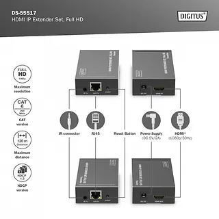 Digitus Przedłużacz/Extender HDMI 1080p 60Hz 120m po skrętce Cat.6/6A/7/8 HDCP 1.3 IR, zestaw