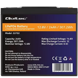 Qoltec Akumulator LiFePO4 Litowo-Żelazowo-Fosforanowy | 12.8V | 24Ah |  307.2Wh | BMS