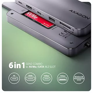 AXAGON HUB HMC-6GM2 USB  6 in1 10Gbps hub, USB-A, USB-C,  HDMI, M.2, SD/ mSD, PD 100W, USB-C