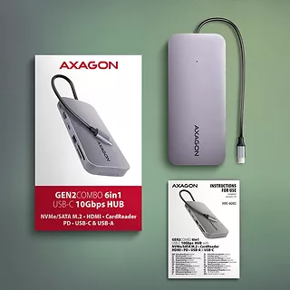 AXAGON HUB HMC-6GM2 USB  6 in1 10Gbps hub, USB-A, USB-C,  HDMI, M.2, SD/ mSD, PD 100W, USB-C