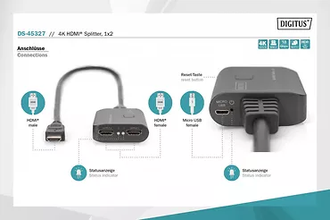 Digitus Kabel Rozdzielacz/Splitter HDMI 2.0 UHD 4K 60Hz Typ HDMI A/2xHDMI A M/Ż 0,5m Czarny