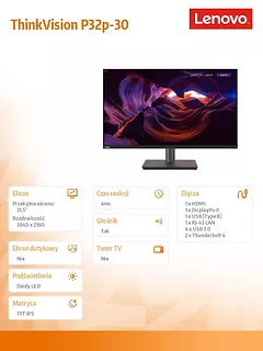 Lenovo Monitor 31.5 cala ThinkVision P32p-30 WLED LCD 63D1RAT1EU
