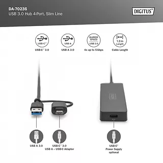 Digitus Hub USB 3.0/Koncentrator 4-portowy SlimLine USB A + adapter USB-C 1,2m 5Gbps, złącze zasilania USB-C