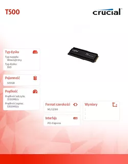 Crucial Dysk T500 500GB M.2 NVMe2280 PCIe 4.0  7200/5700