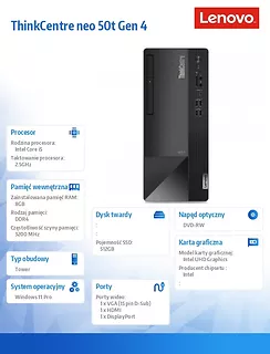 Lenovo Komputer ThinkCentre Neo 50t G4 TWR 12JB003EPB W11Pro i5-12400/8GB/512GB/INT/DVD/3YRS OS