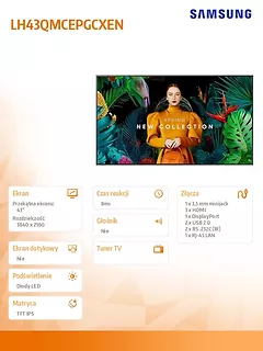 Samsung Monitor profesjonalny QM43C 43 cale Matowy 24h/7 500(cd/m2) 3840x2160 (UHD) S10 Player (Tizen 7, VXT Ready) WiFi/BT 3 lata OnSite (LH43QMCEPGCXEN)