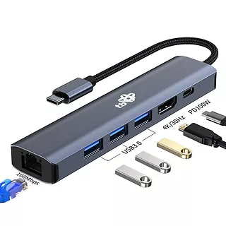 TB Adapter HUB USB C 6w1 - HDMI, USBx3, PD, RJ-45