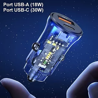 USAMS Ładowarka samochodowa 30W 1xUSB + 1xUSB-C Fast Charge