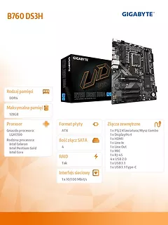 Gigabyte Płyta główna B760 DS3H s1700 4DDR5 DP/HDMI ATX