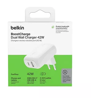 Belkin Ładowarka sieciowa BoostCharge 42W USB-C 3 0W USB-A 12W biała