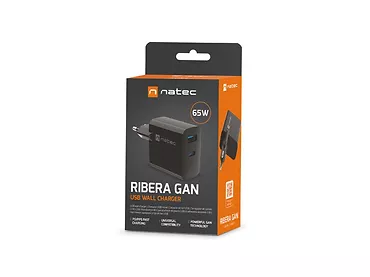 Natec Ładowarka sieciowa Ribera GAN 1X USB-A + 1X USB-C 65W Czarna