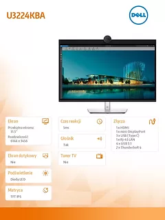 Dell Monitor U3224KBA 31,5" IPS Black LED 6K 6144x3456/16:9/HDMI/miniDP/USB-C/USB/Thunderbolt/Kamera/Speakers/Mikrofon/3Y