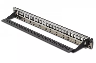 Digitus Panel krosowy (patch panel) modularny 19" 24 porty pod moduły keystone, 1U, ekranowany, prowadnica kabli, wymienne pola opisowe Czarny