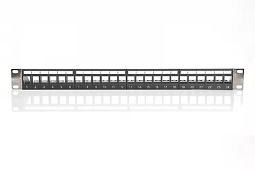 Digitus Panel krosowy (patch panel) modularny 19" 24 porty pod moduły keystone, 1U, ekranowany, prowadnica kabli, wymienne pola opisowe Czarny