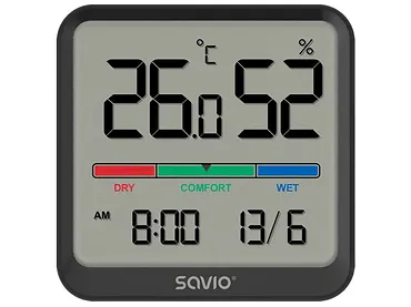 Czujnik temperatury i wilgotności Savio CT-01/B Wskaźnik komfortu, data i godzina Czarny