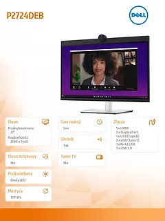 Dell Monitor P2724DEB 27 cali LED IPS QHD (2560x1440)/16:9/HDMI/DP/RJ-45/Kamera/Głośniki/Mikrofon/3YPPG