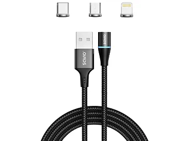 Kabel magnetyczny SAVIO CL-152 USB - USB Typ C, Micro i Lightning, 1m oplot czarny