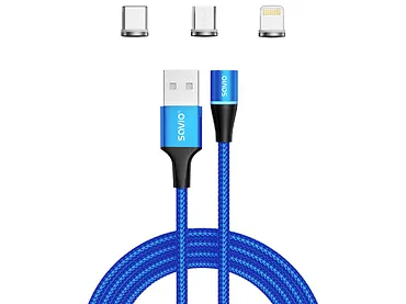 Kabel magnetyczny SAVIO CL-154 USB - USB Typ C, Micro i Lightning, 1m oplot niebieski