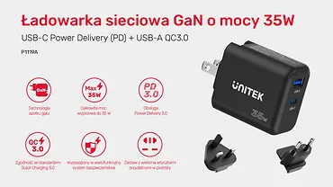 Unitek Ładowarka Sieciowa GAN PD USB-C + USB-A 35W; P1119A