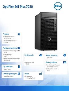 Dell Komputer Optiplex Plus MT/Core i7-14700/16GB/512GB SSD/Integrated/DVD RW/Wireless Kb & Mouse/W11Pro/vPro