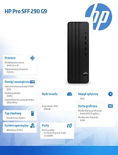 HP Inc. Komputer stacjonarny Pro SFF 290 G9R i5-13500 256GB/8GB/DVDR/W11P 883U7EA