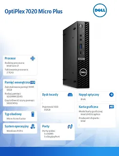 Dell Komputer Optiplex Plus MFF/Core i7-14700/32GB/512GB SSD/Integrated/WLAN + BT/Wireless Kb & Mouse/W11Pro/vPro