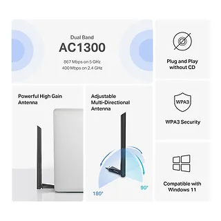 TP-LINK Mercusys MA30H AC1300 High Gain Wi-Fi USB Adapter